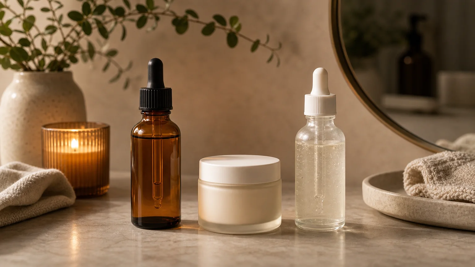 Dois frascos sem marca numa rotina noturna para comparação entre bakuchiol e retinol