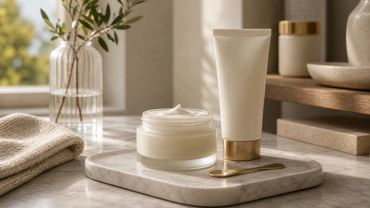 Creme de rosto sem marca em bancada clara com luz suave