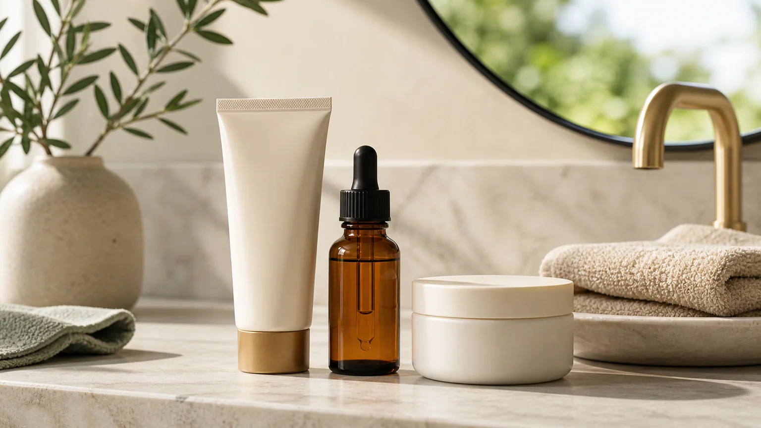 Protetor solar e sérum antioxidante sem marca para rotina de manchas e linhas