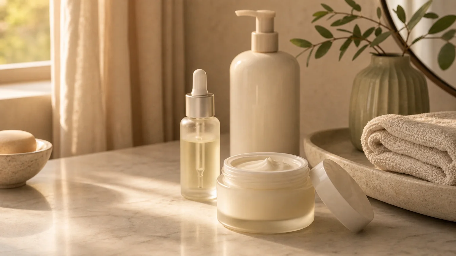 Creme rico e toalha suave para rotina de pele seca na menopausa