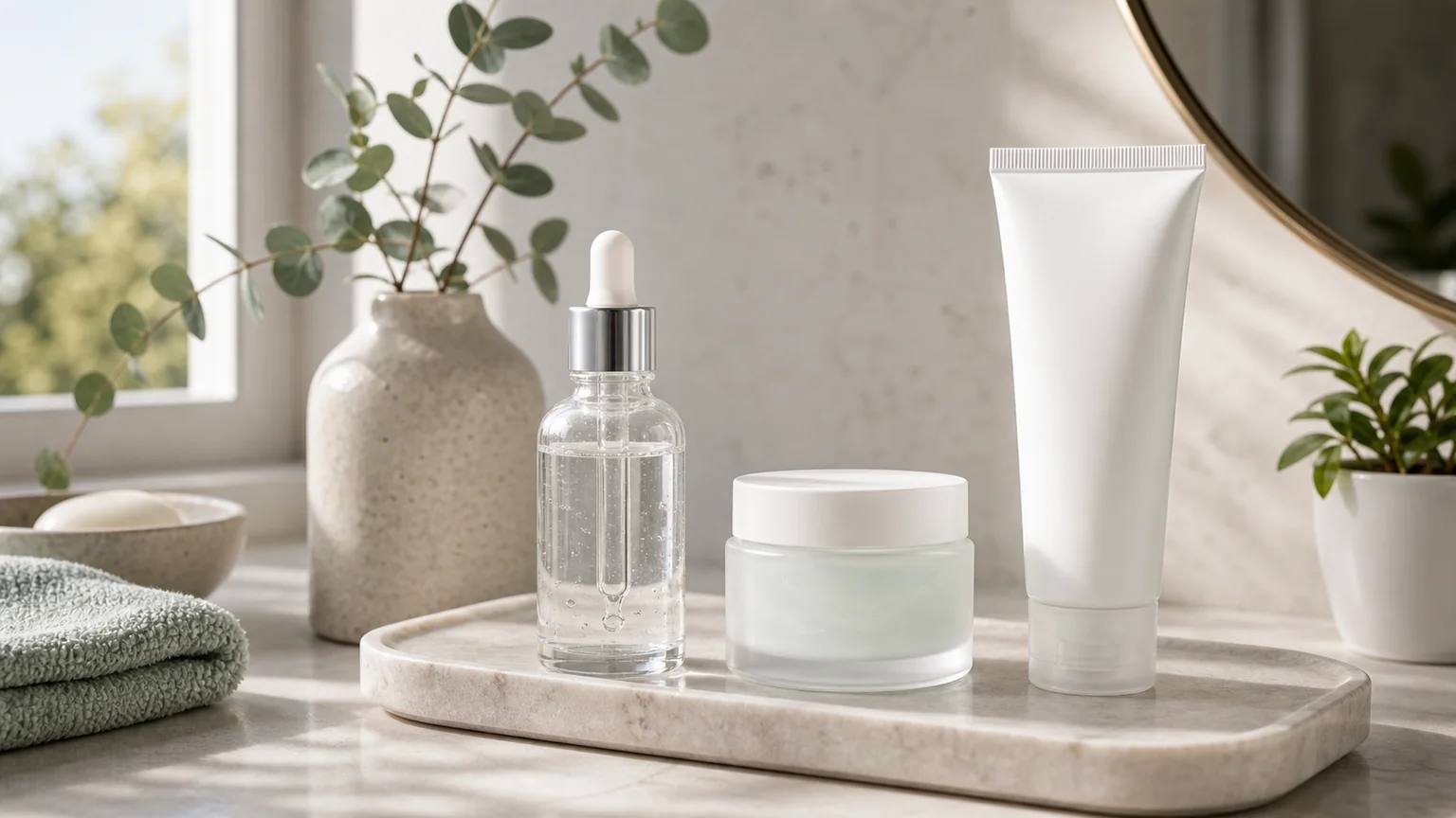 Sérum leve sem marca e creme simples para rotina com niacinamida