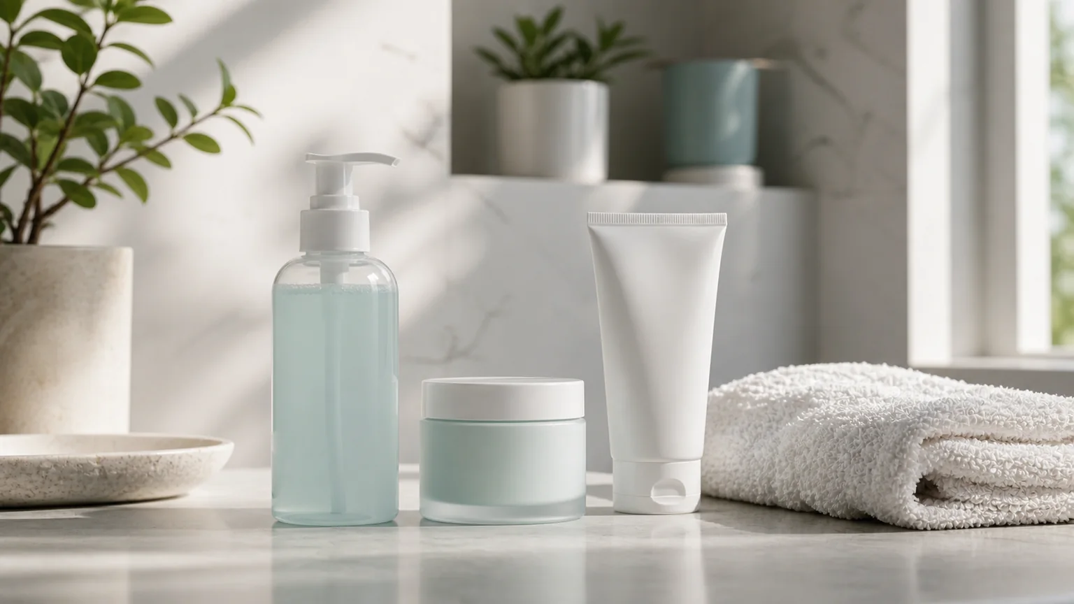 Produtos simples sem marca para pele jovem com limpeza, hidratante e SPF