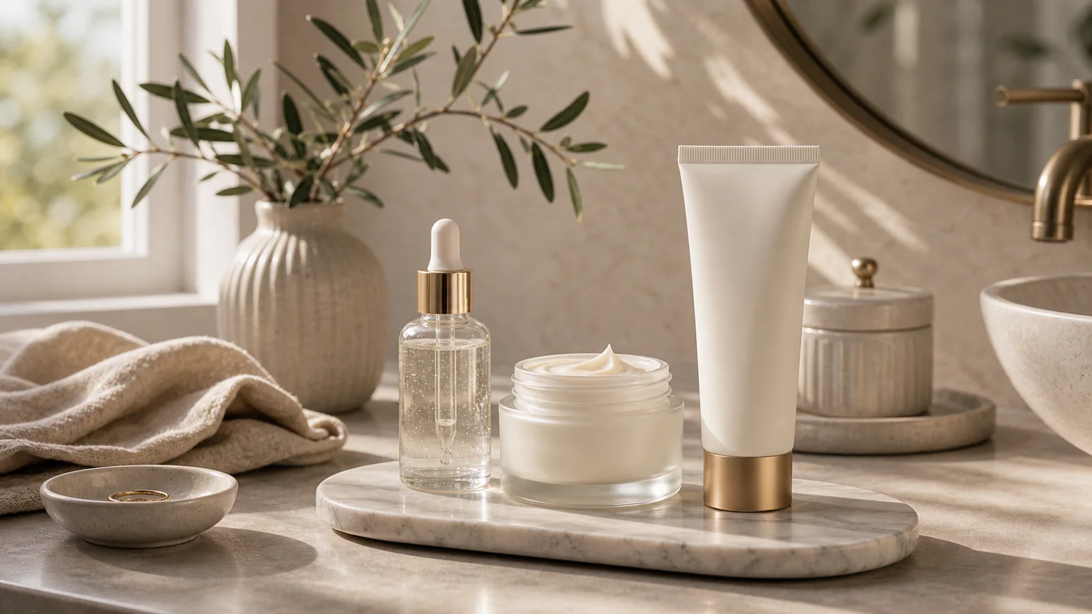 Rotina elegante para pele madura com creme rico e protetor solar sem marcas