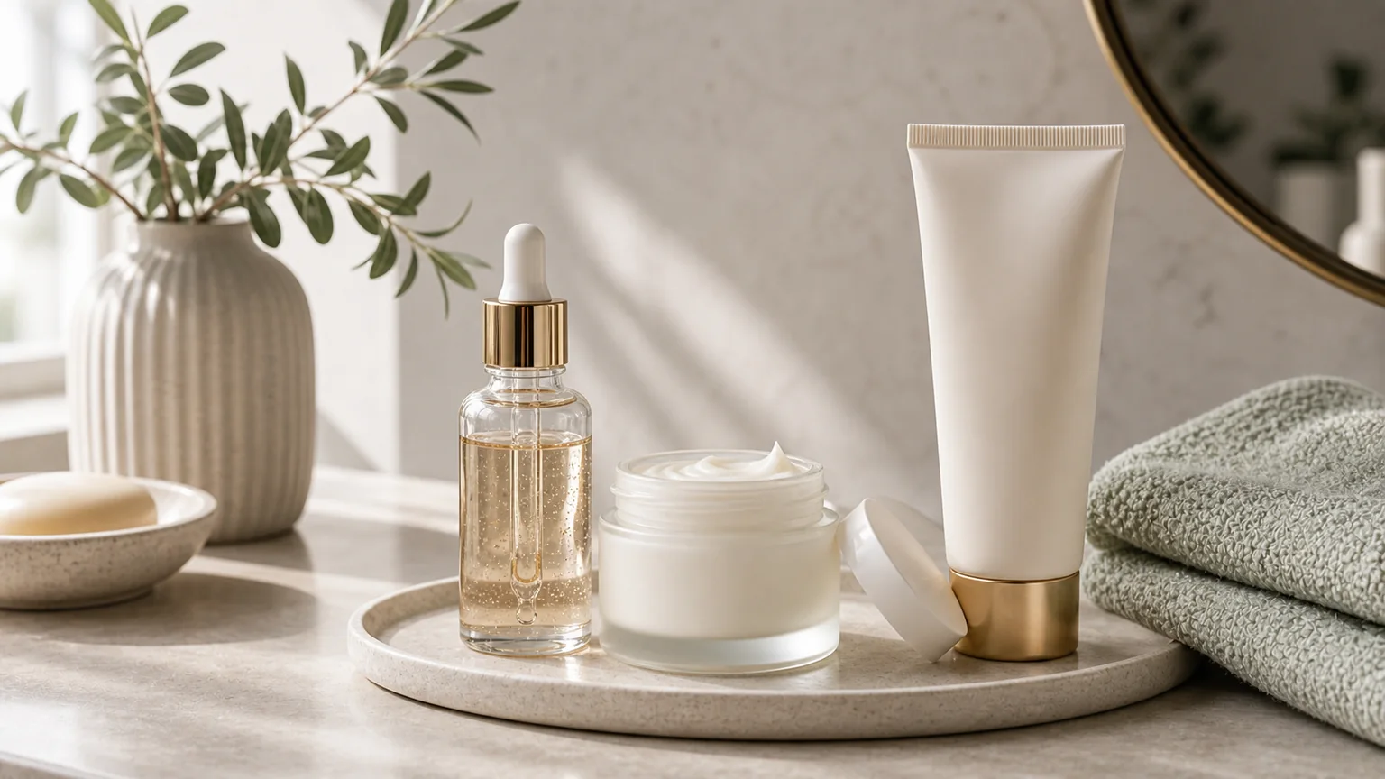 Sérum e creme sem marca numa composição premium para guia de péptidos
