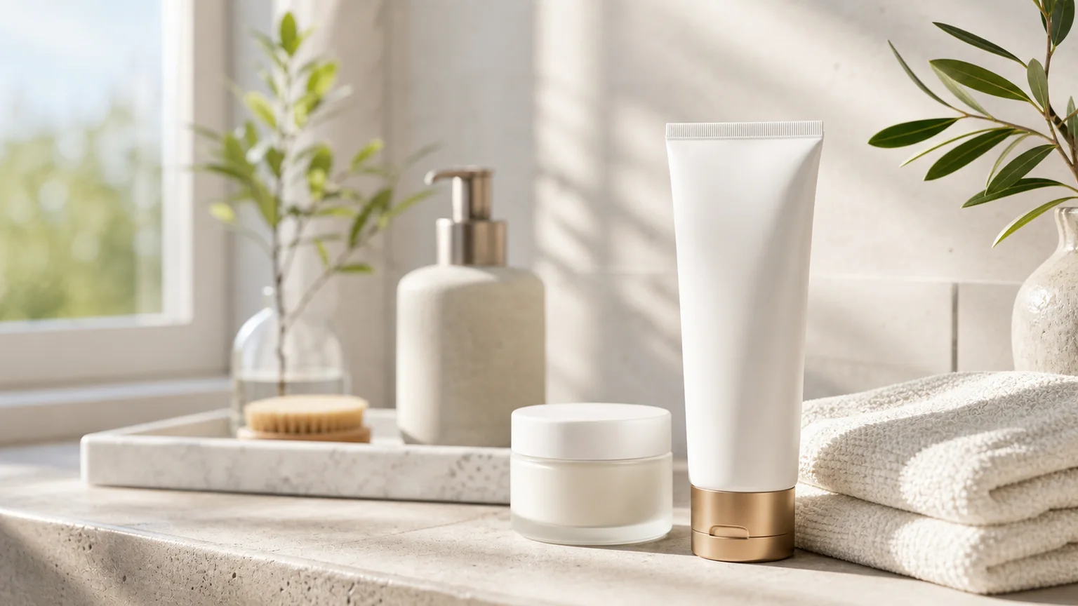 Protetor solar facial sem marca junto a luz natural e folha verde