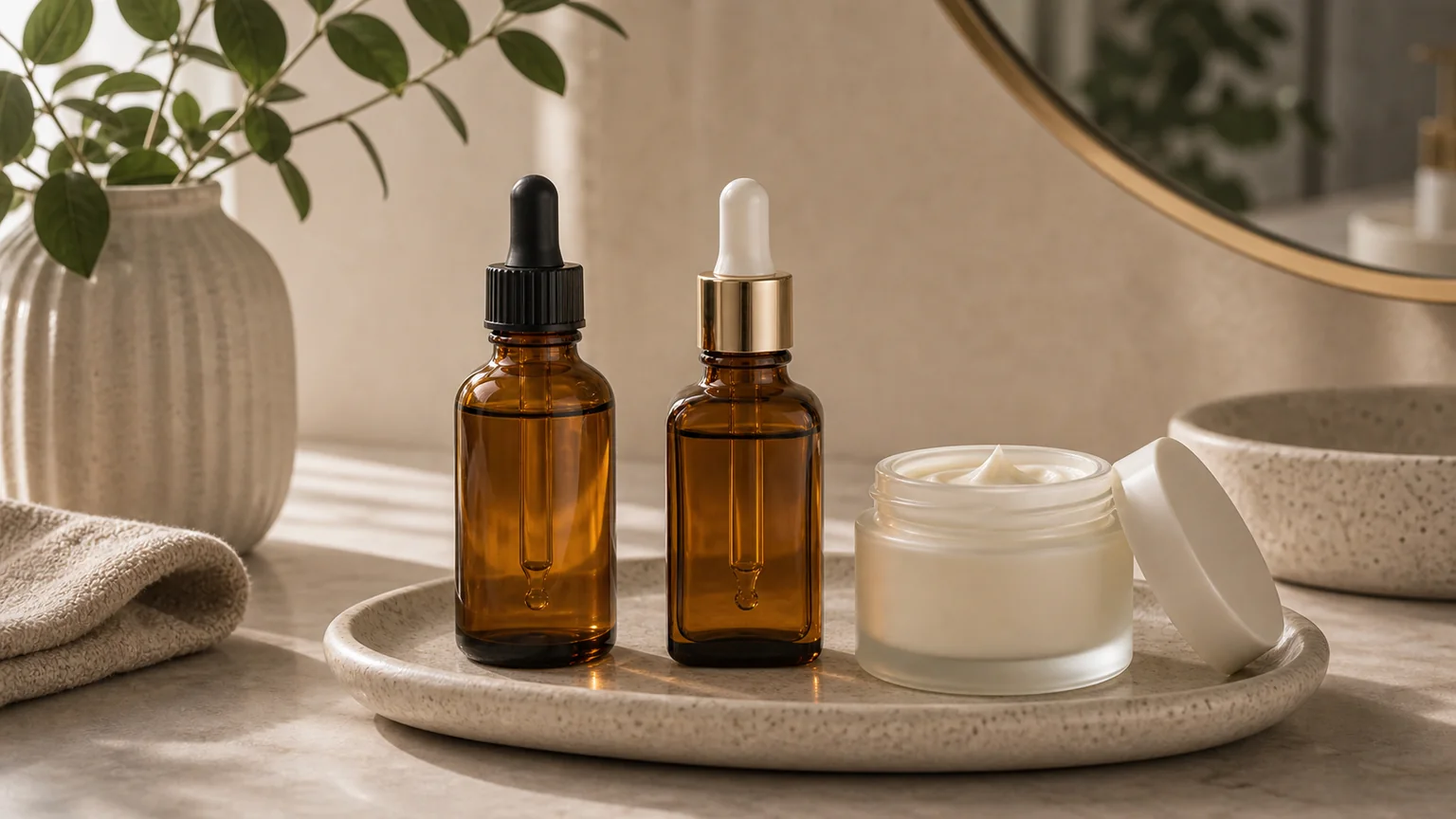 Dois séruns noturnos sem marca numa bancada clara para comparação entre retinal e retinol