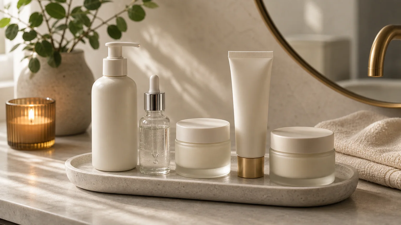 Rotina de skincare simples com produtos de manhã e noite sem marcas visíveis