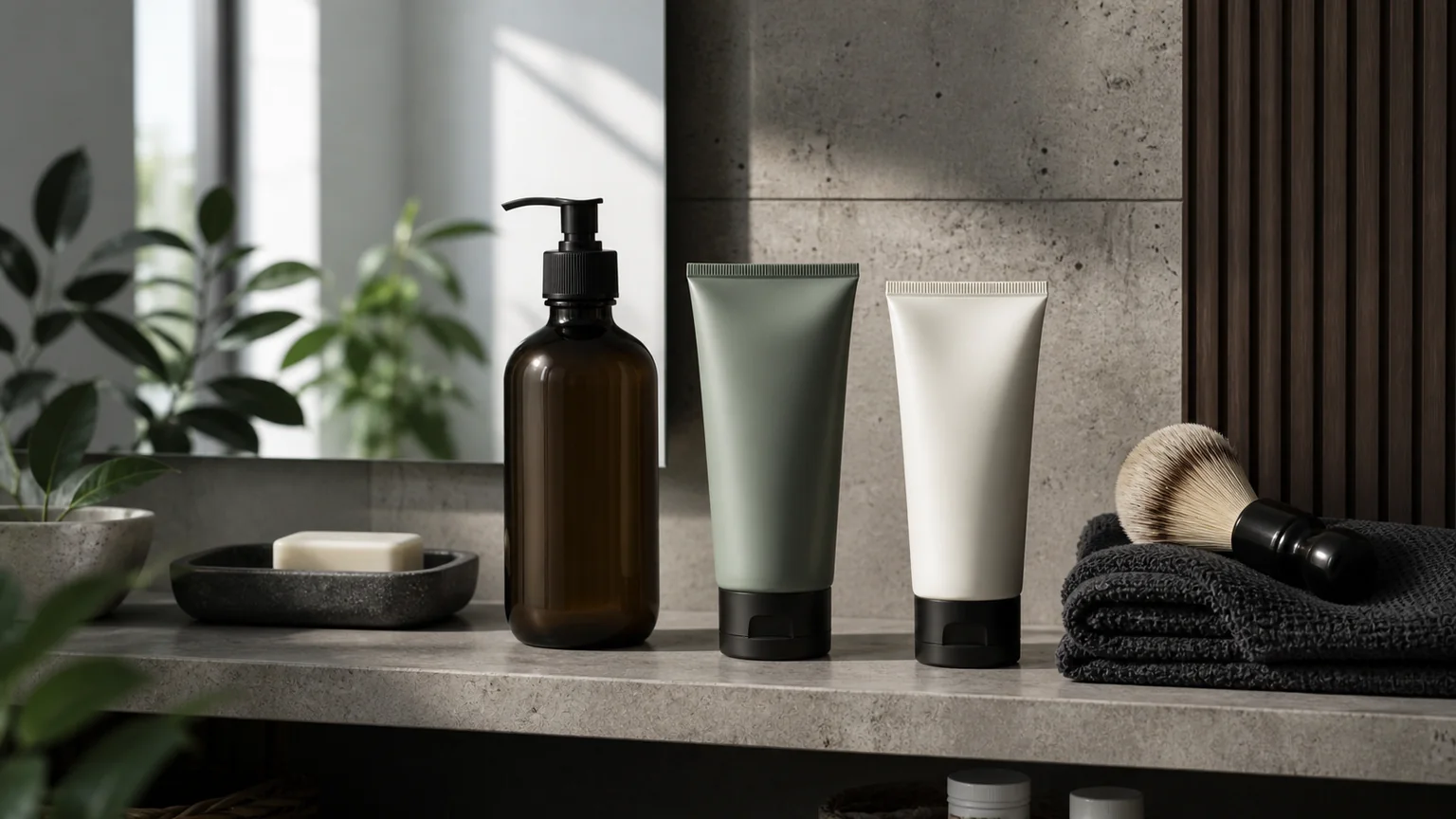 Rotina simples de skincare masculino com hidratante e protetor solar sem marcas