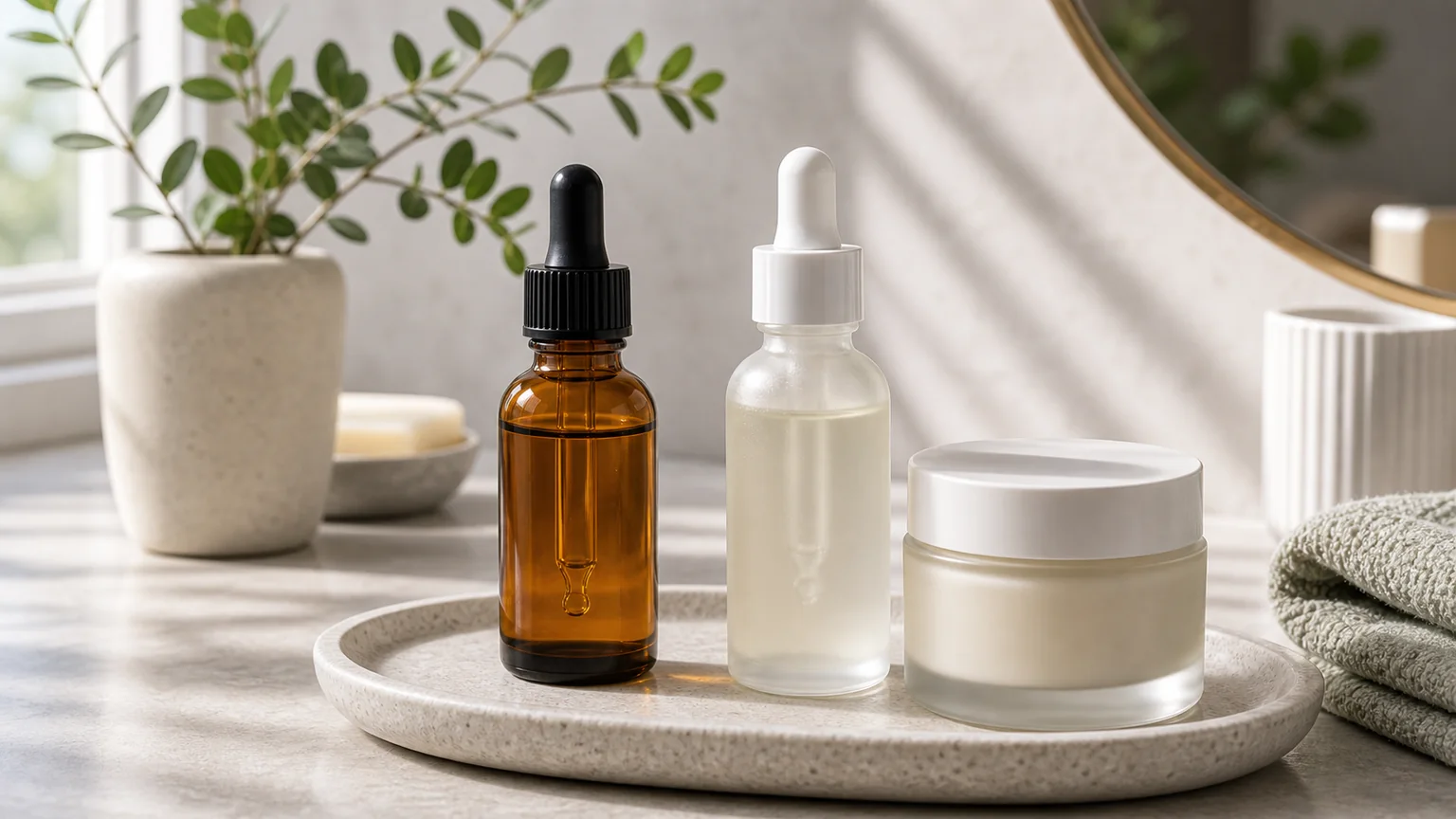 Sérum antioxidante âmbar sem marca numa bancada clara