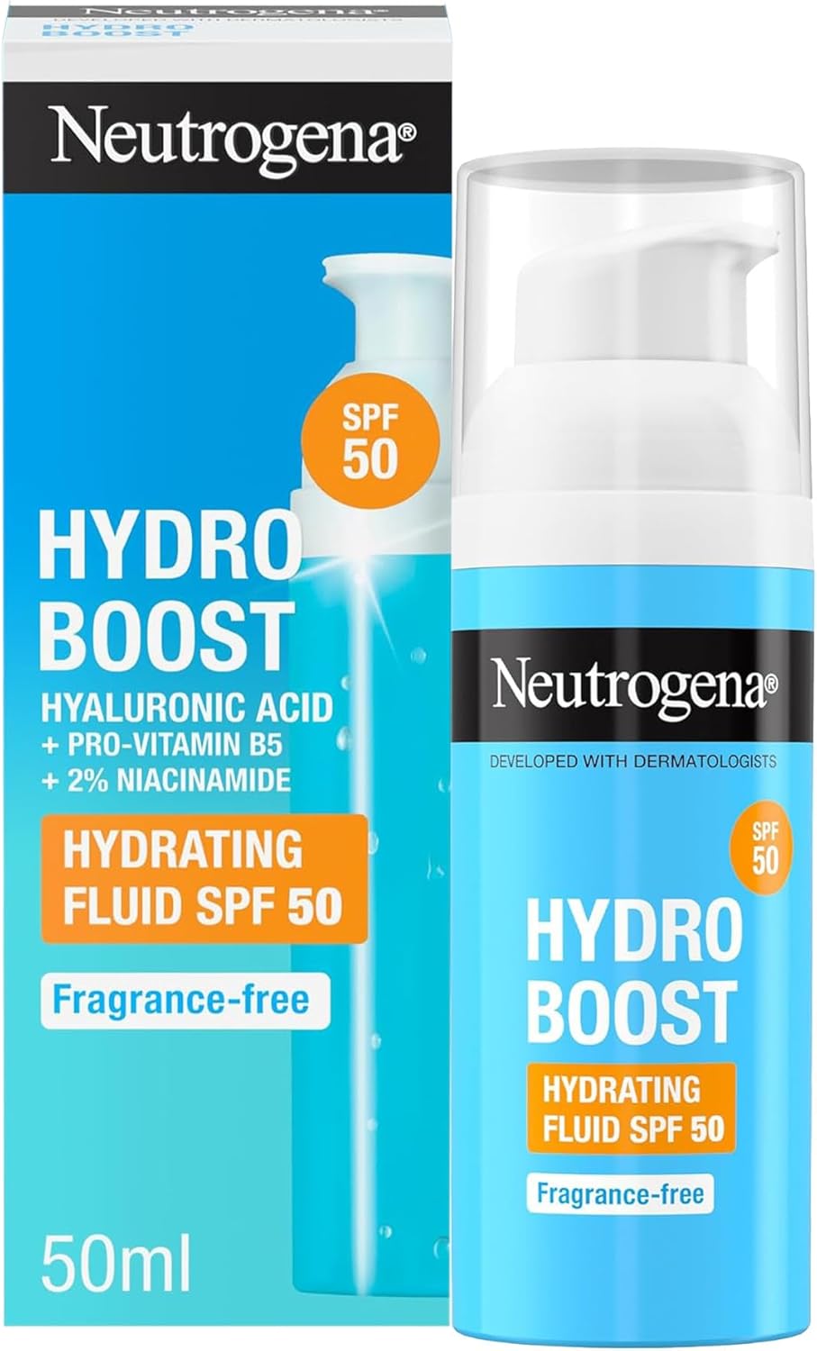 Neutrogena Hydro Boost Fluido Hidratante SPF 50 (1 x 50 ml), Creme solar 50 de uso diário com ácido hialurónico