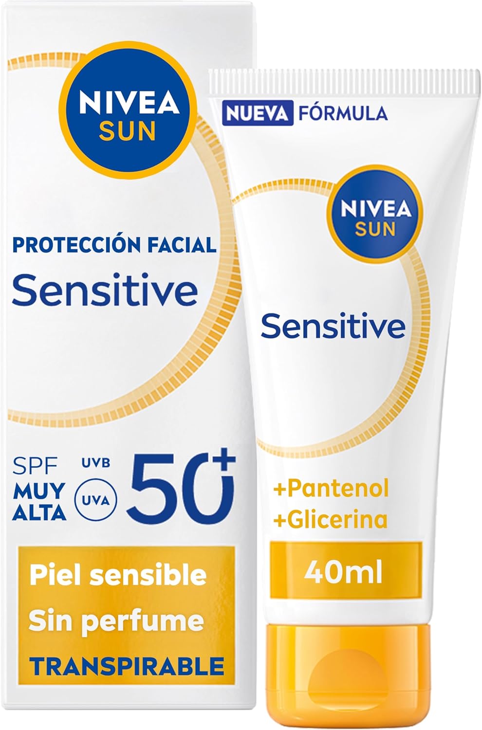 NIVEA SUN Sensitive Protección Facial SPF50+ - Creme solar facial - 3x Protección UV Transpirable pele sensív