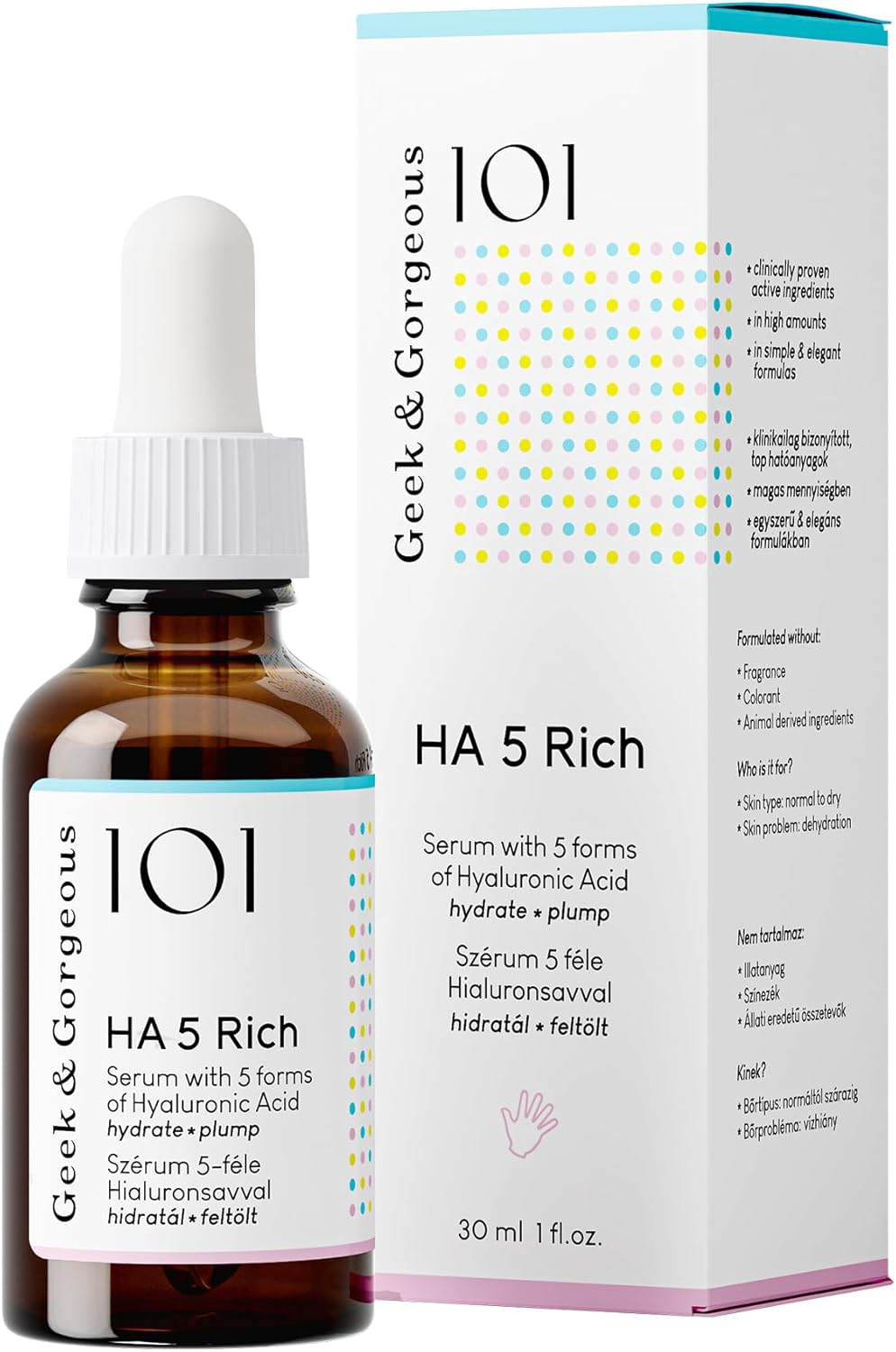 Geek & Gorgeous HA 5 Rich – Sérum Facial com 5 Tipos de Ácido Hialurónico – Hidratación Profunda, efeito preenchimento
